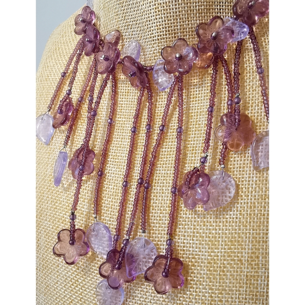 NWT purple lavender flower fringe choker necklace Czech bead - Picture 4 of 9